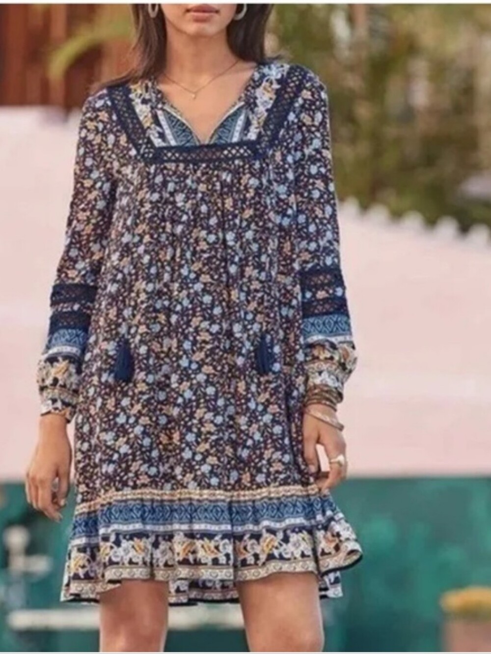 Sundance Simona Navy Floral Boho Crochet V‑Neck Long Sleeve Dress Large